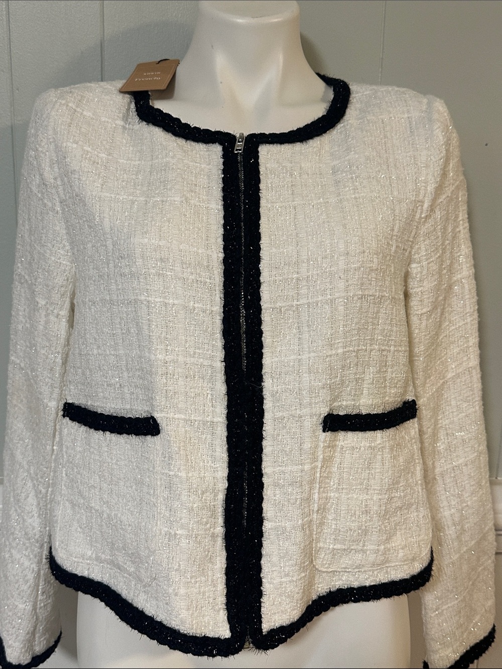 SHEIN White Bouclé Jacket with Black Trim